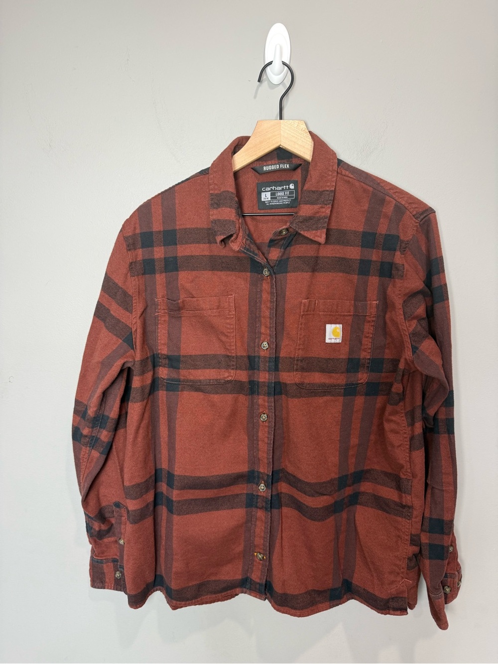 Carhartt Rugged Flex Plaid Flannel Shirt Women’s L Loose Fit Rust Brown